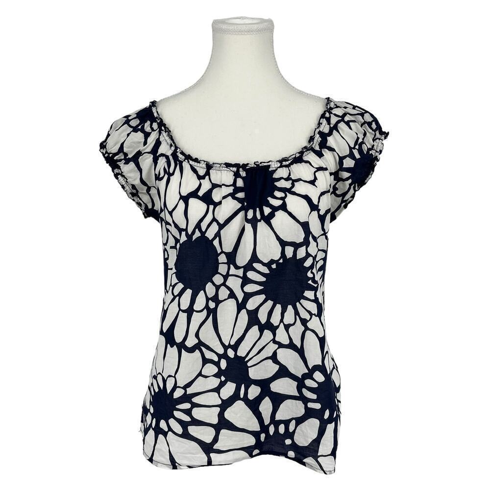 Vintage Y2K J.Crew Blouse Floral Navy White Cap Sleeve Top XS